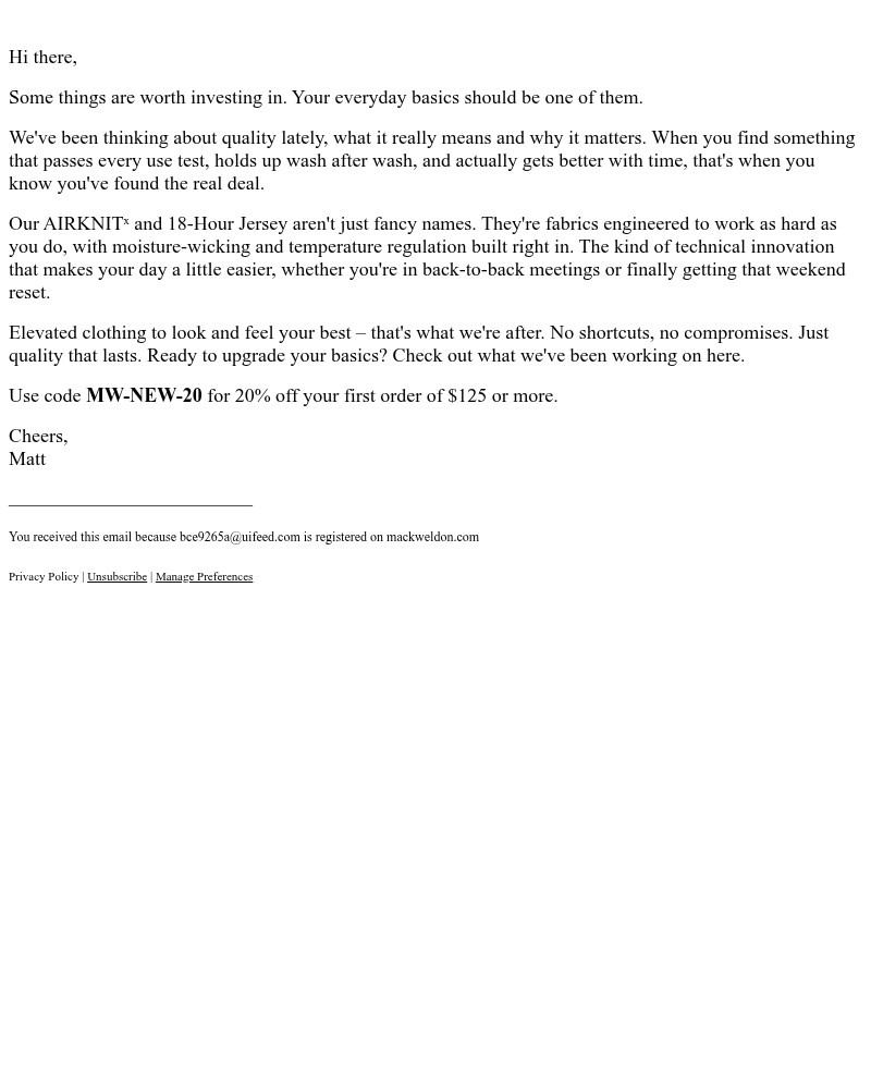 Screenshot of email sent to a Mack Weldon Newsletter subscriber