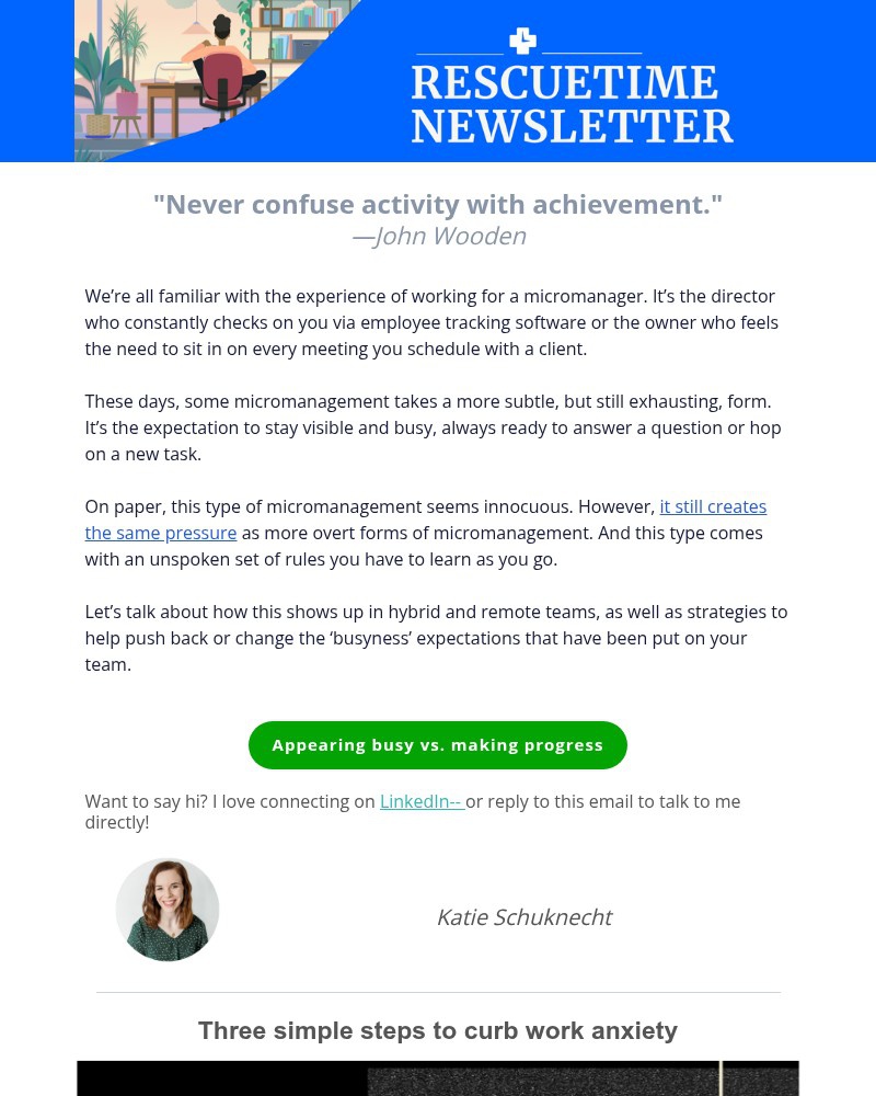 Screenshot of email sent to a RescueTime Newsletter subscriber
