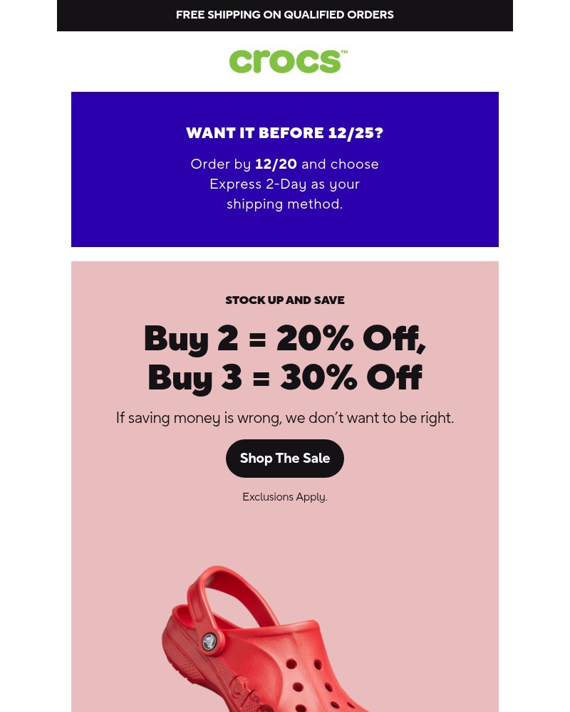 Screenshot of email sent to a Crocs Newsletter subscriber