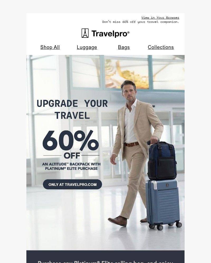Screenshot of email sent to a Travelpro Newsletter subscriber