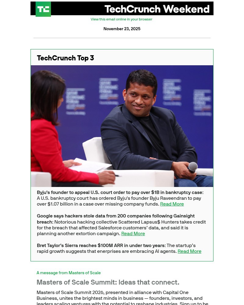 Screenshot of email sent to a Techcrunch Newsletter subscriber