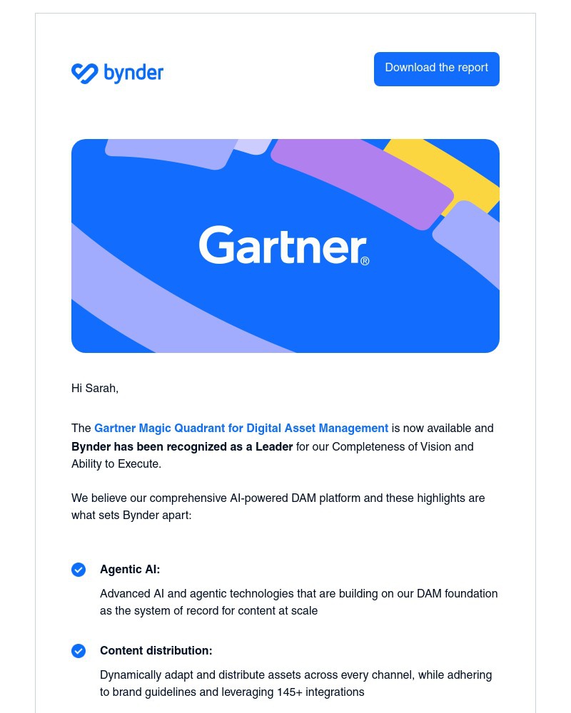 Screenshot of email sent to a Bynder Trial user