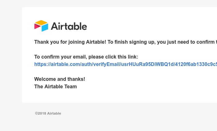 Screenshot of email sent to a Airtable Registered user