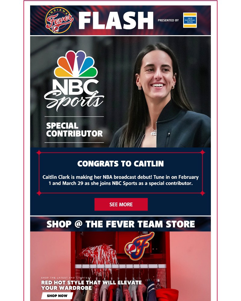 Screenshot of email sent to a Indiana Fever Newsletter subscriber