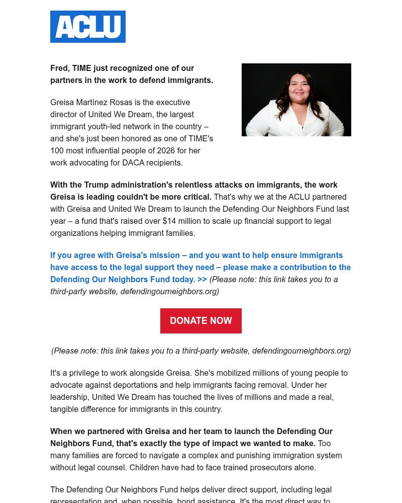 Screenshot of email sent to a American Civil Liberties Union Newsletter subscriber