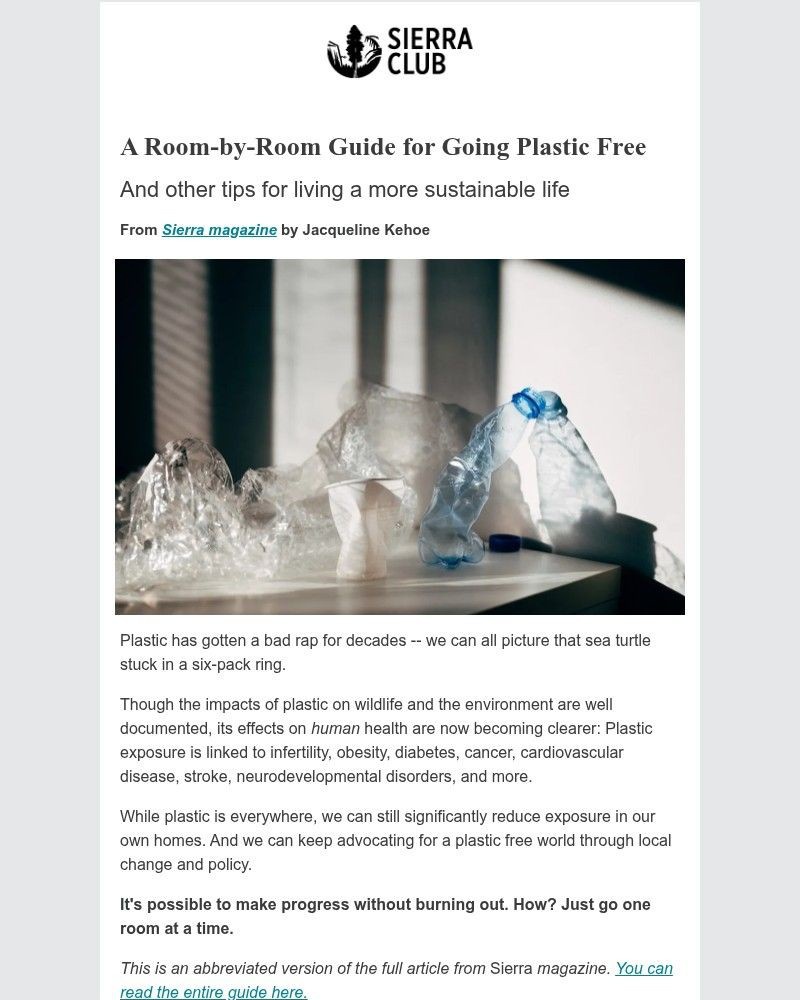 Screenshot of email sent to a Sierra Club Newsletter subscriber