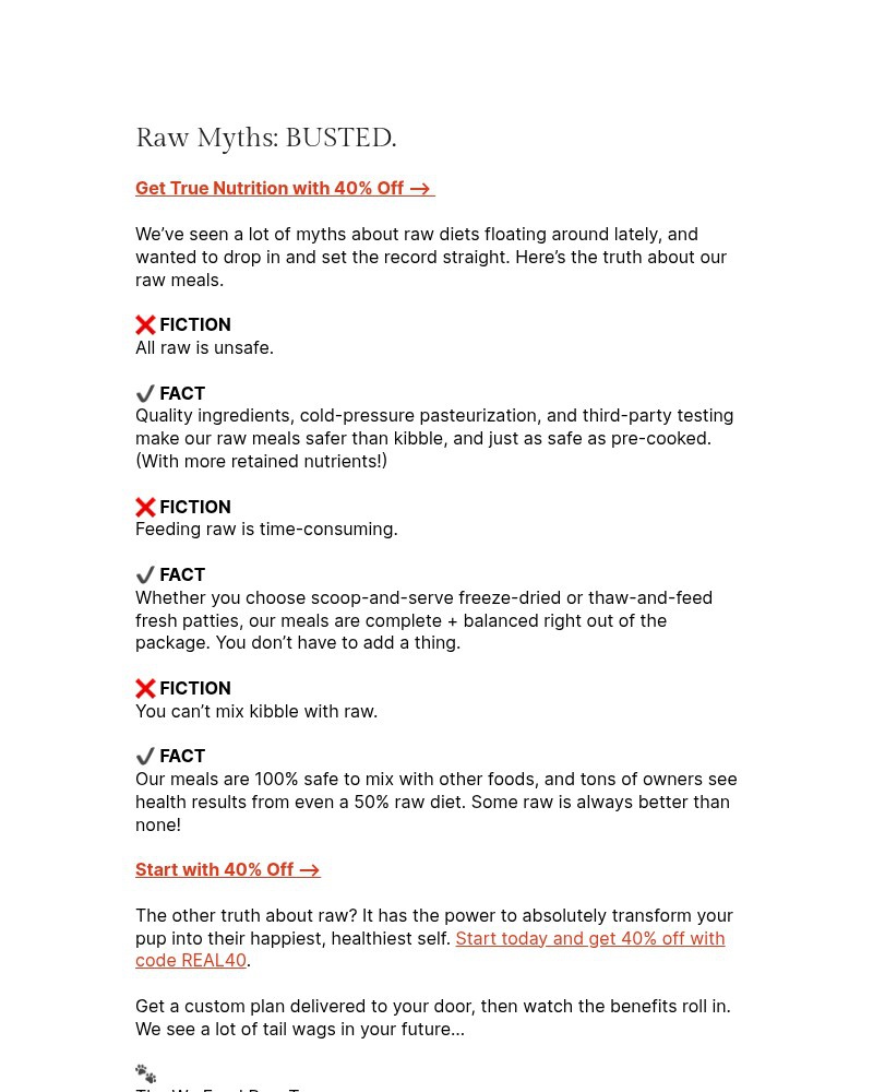 Screenshot of email sent to a We Feed Raw Newsletter subscriber
