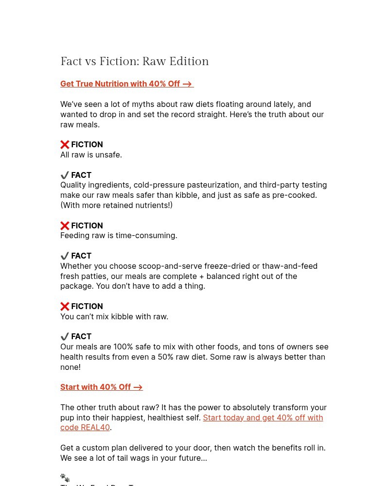 Screenshot of email sent to a We Feed Raw Newsletter subscriber