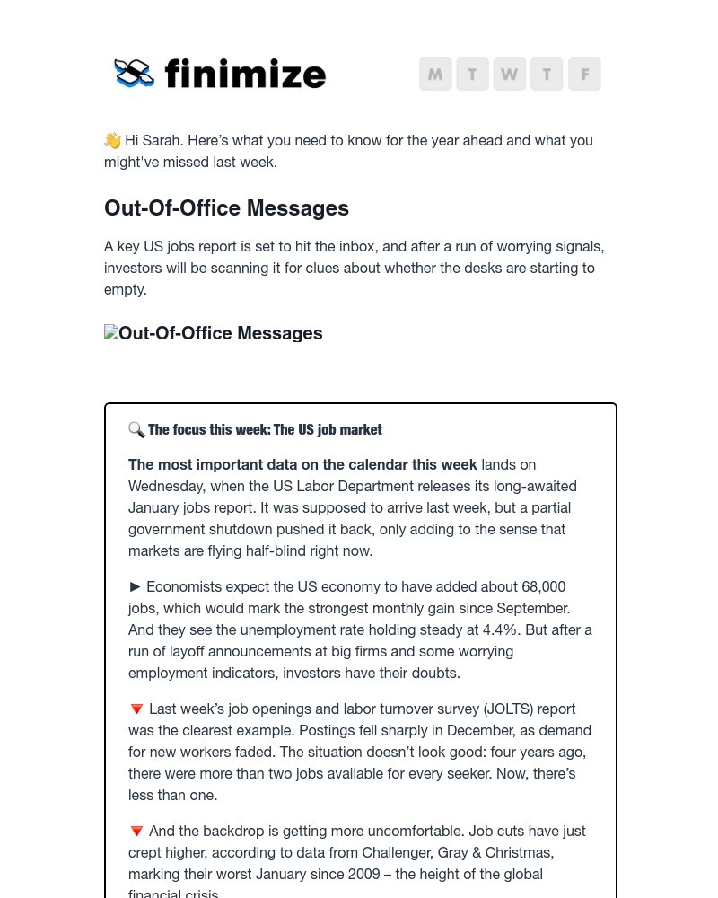 Screenshot of email sent to a Finimize Registered user