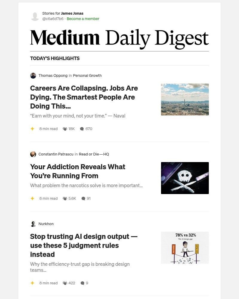 Screenshot of email sent to a Medium Registered user