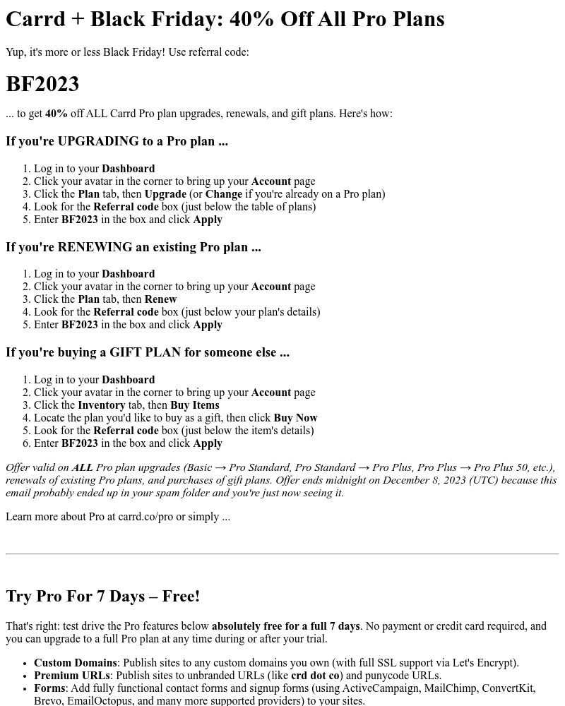 Screenshot of email with subject /media/emails/carrd-black-friday-40-off-all-pro-plans-386a41-cropped-b10ba317.jpg