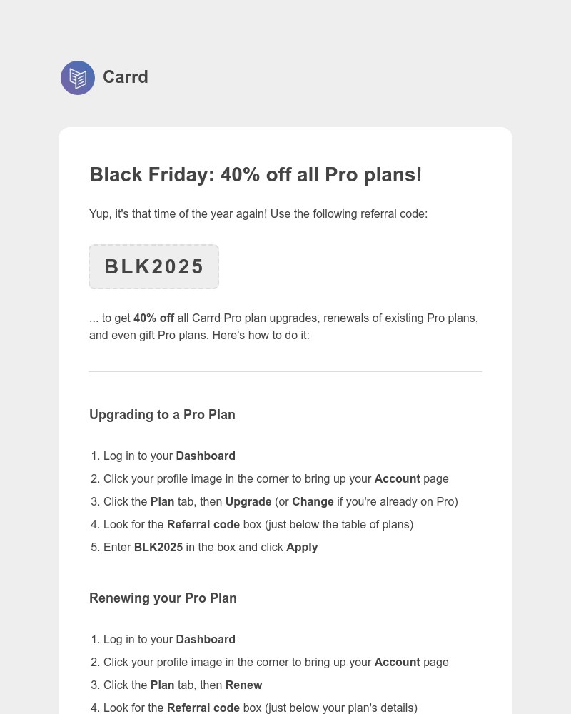 Screenshot of email sent to a Carrd Registered user