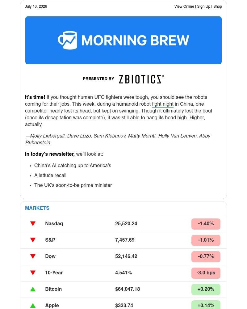 Screenshot of email sent to a Morning Brew Newsletter subscriber