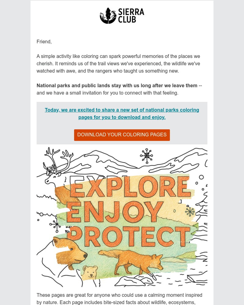 Screenshot of email sent to a Sierra Club Newsletter subscriber