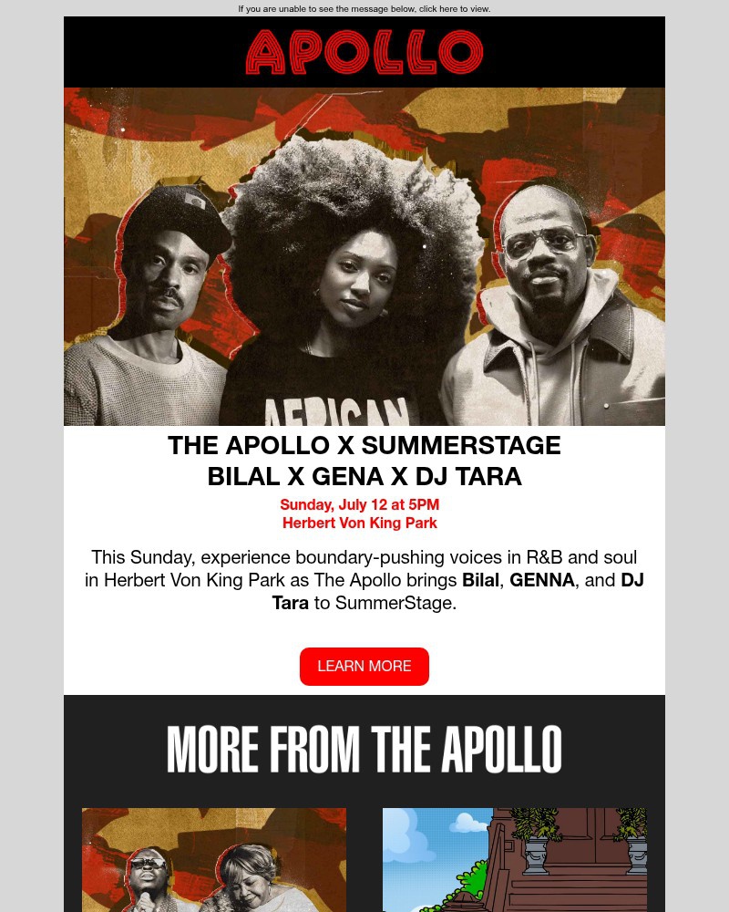 Screenshot of email sent to a Apollo Theater Newsletter subscriber