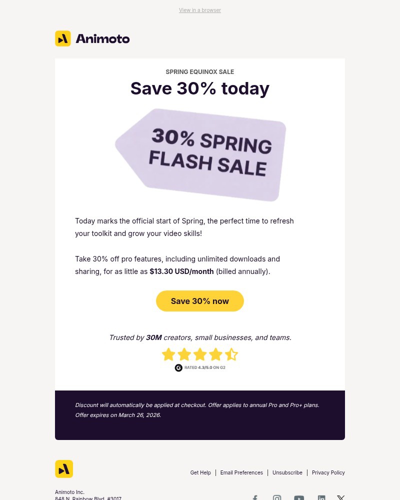 Screenshot of email sent to a Animoto Registered user