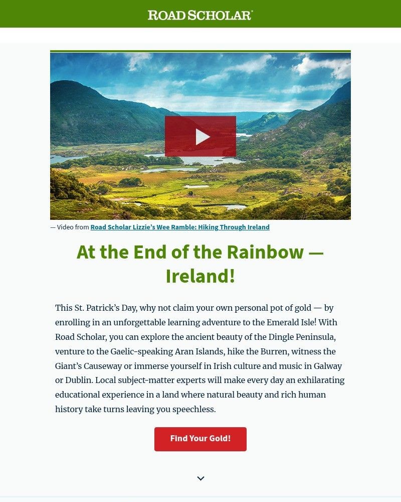 Screenshot of email sent to a Road Scholar Newsletter subscriber