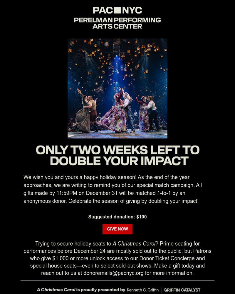Screenshot of email sent to a Perelman Performing Arts Center (PAC NYC) Newsletter subscriber