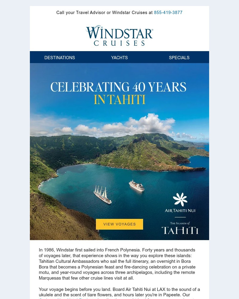 Screenshot of email sent to a Windstar Cruises Newsletter subscriber