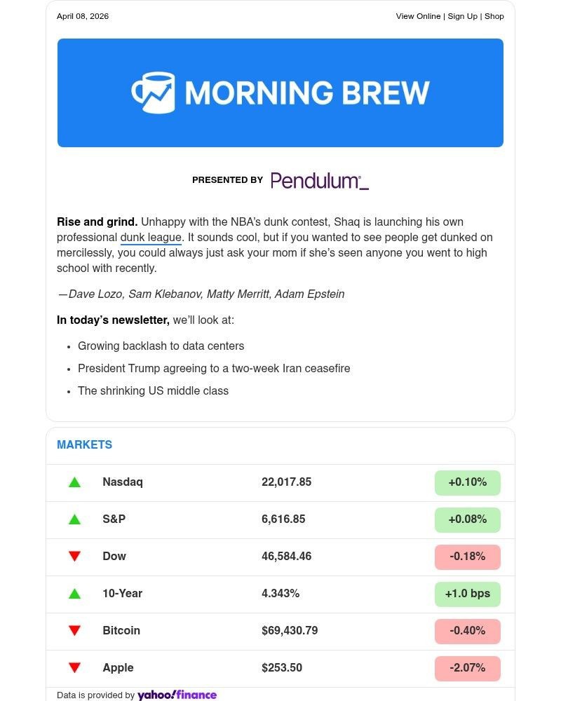 Screenshot of email sent to a Morning Brew Newsletter subscriber