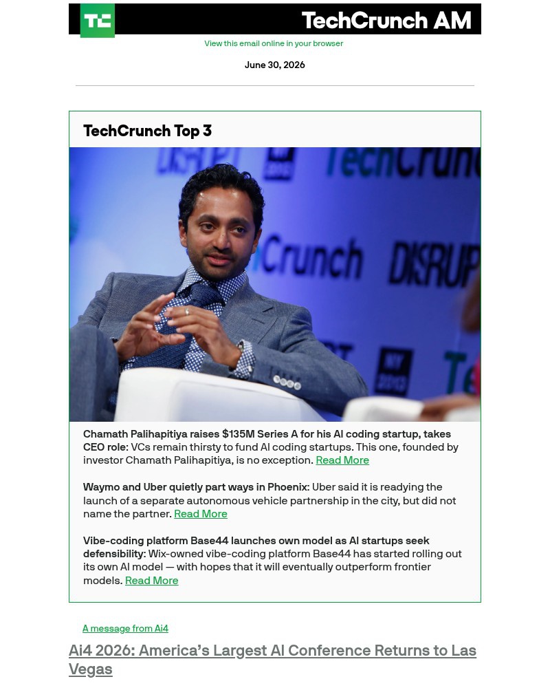 Screenshot of email with subject /media/emails/chamath-palihapitiya-raises-135m-series-a-for-his-ai-coding-startup-takes-ceo-rol_2DVwrd4.jpg