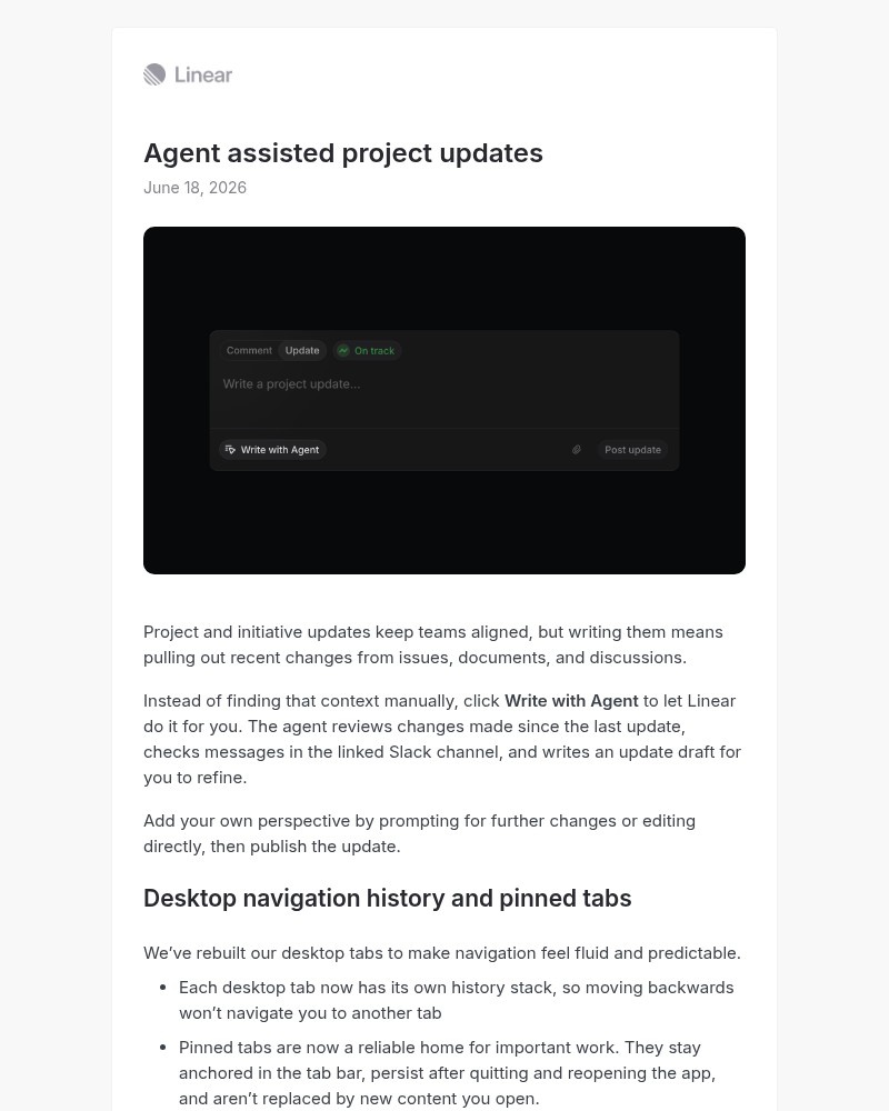 Screenshot of email sent to a Linear Registered user