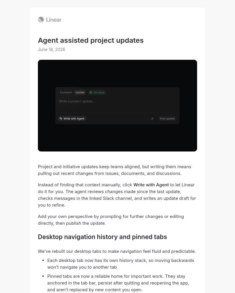 Screenshot of email sent to a Linear Registered user