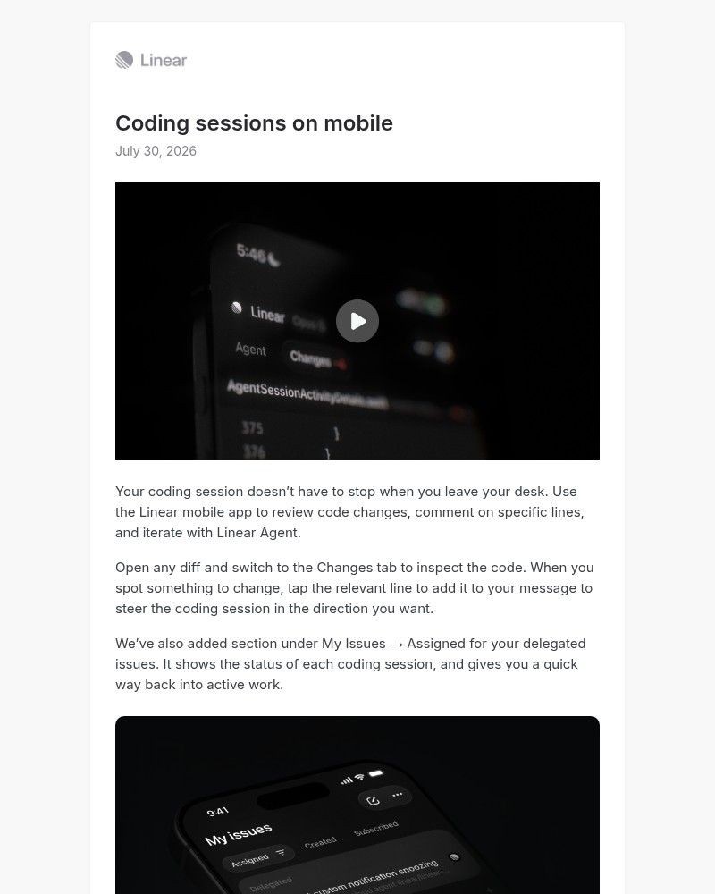Screenshot of email sent to a Linear Registered user