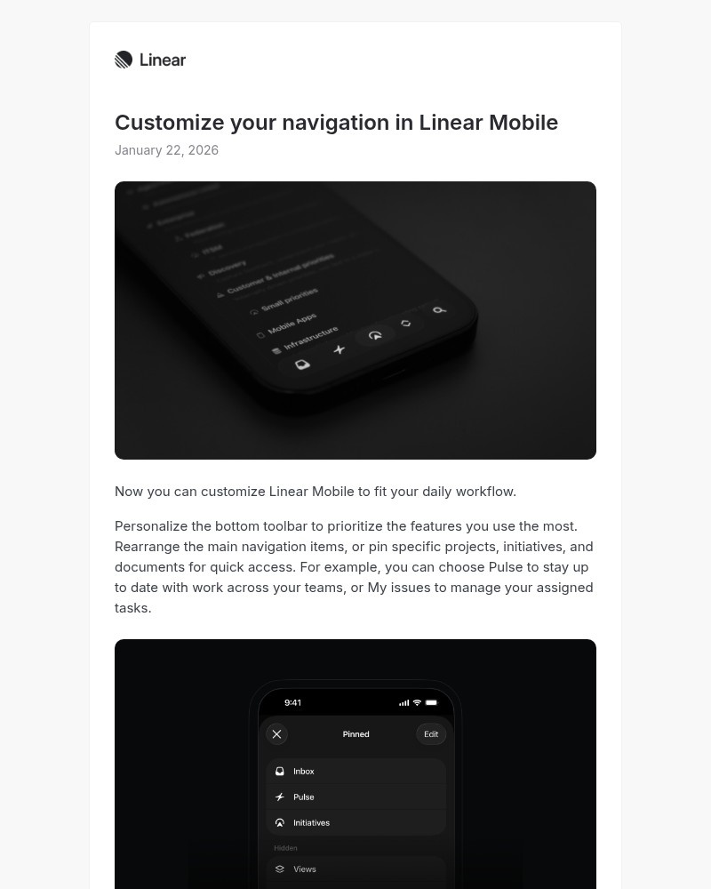 Screenshot of email sent to a Linear Registered user
