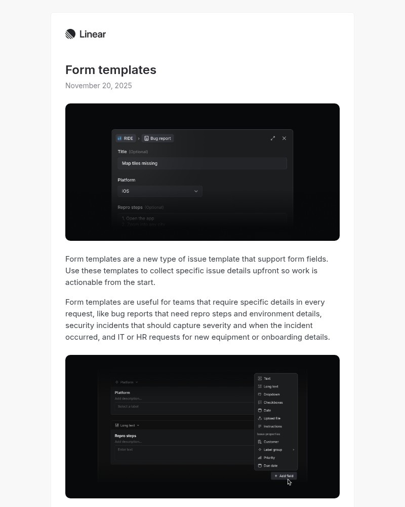 Screenshot of email sent to a Linear Registered user
