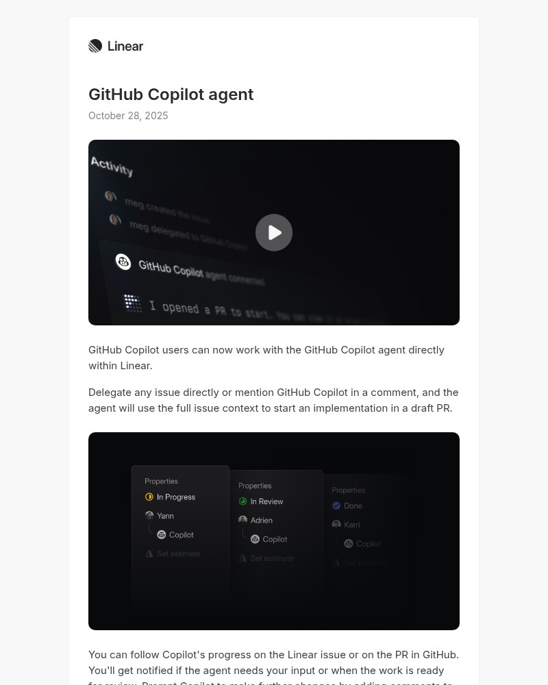 Screenshot of email sent to a Linear Registered user