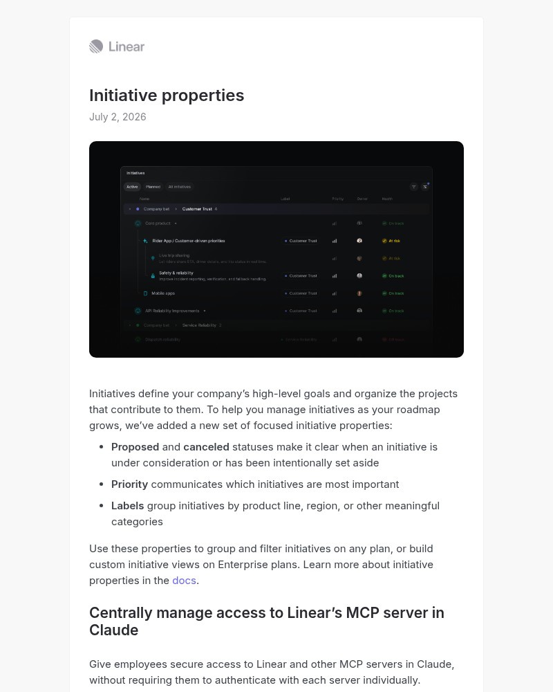 Screenshot of email sent to a Linear Registered user