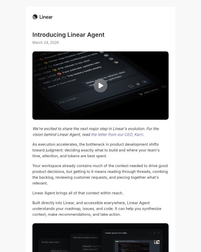 Screenshot of email sent to a Linear Registered user