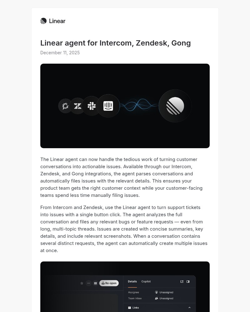 Screenshot of email sent to a Linear Registered user