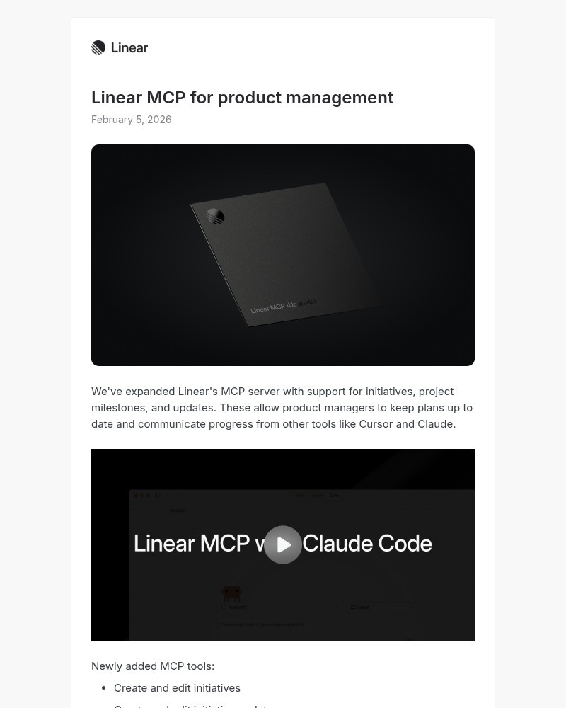 Screenshot of email sent to a Linear Registered user