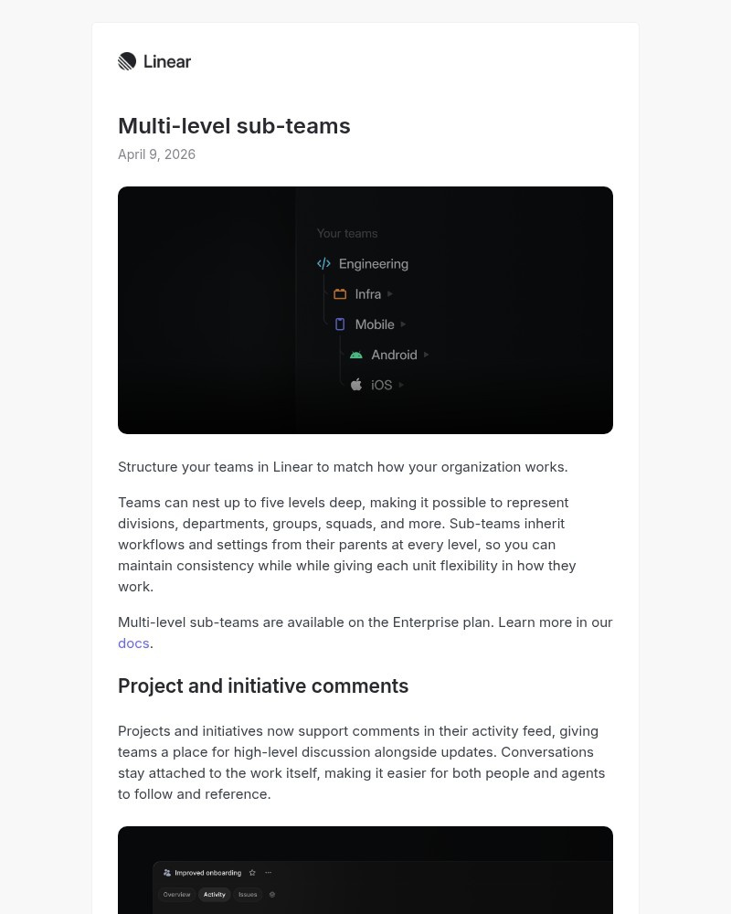 Screenshot of email sent to a Linear Registered user
