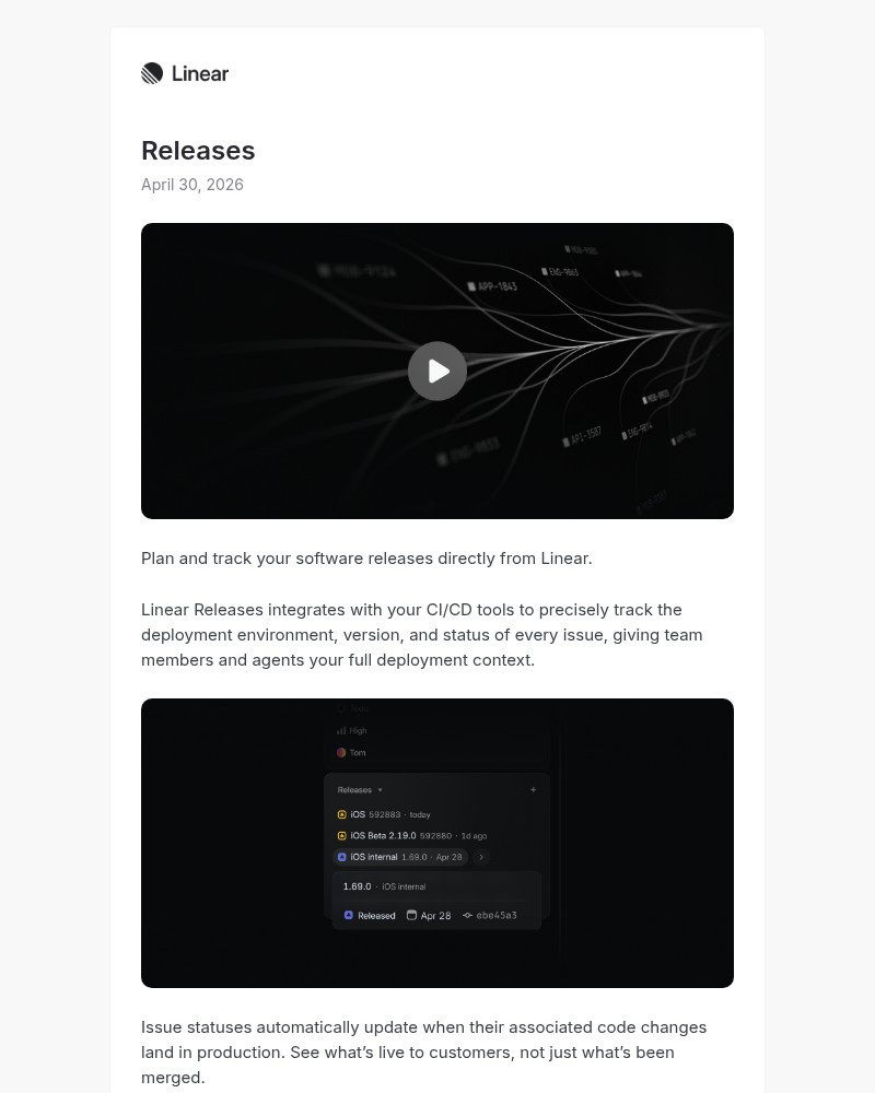 Screenshot of email sent to a Linear Registered user