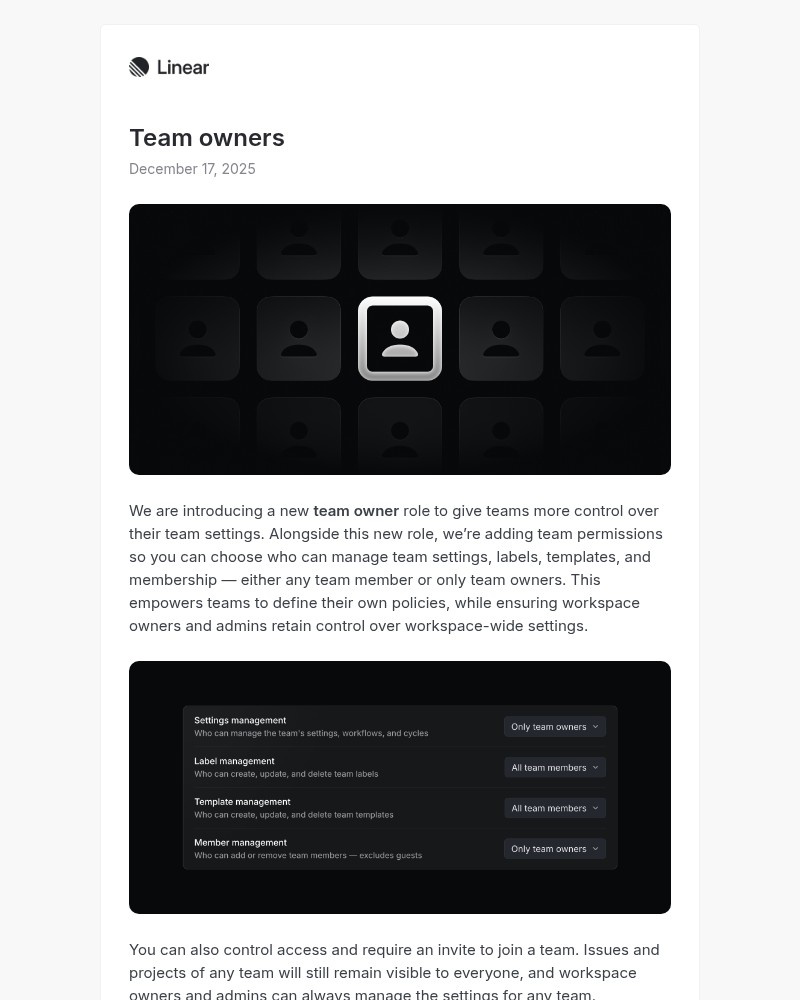 Screenshot of email sent to a Linear Registered user