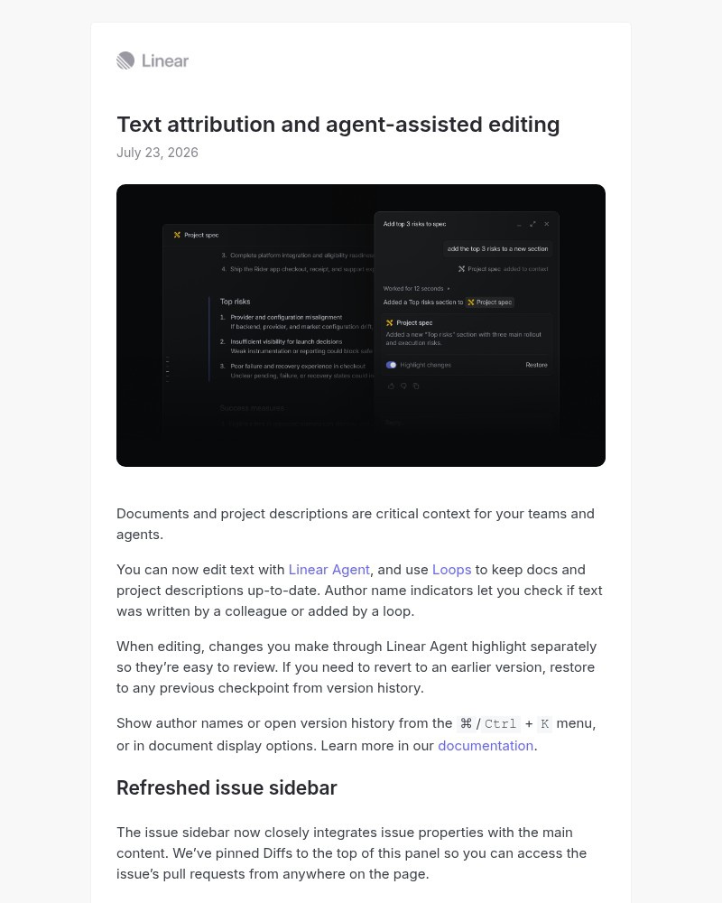 Screenshot of email sent to a Linear Registered user