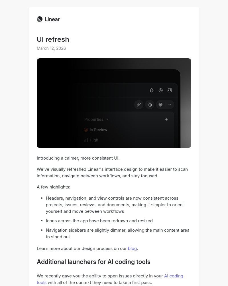 Screenshot of email sent to a Linear Registered user