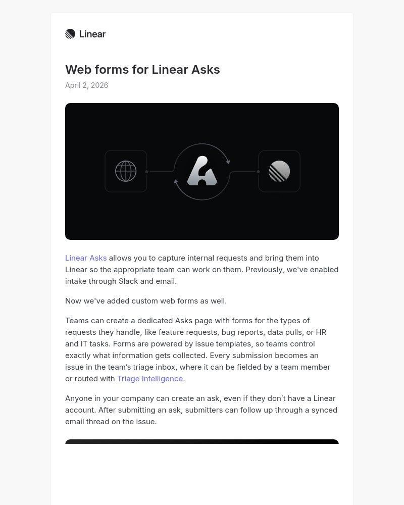 Screenshot of email sent to a Linear Registered user