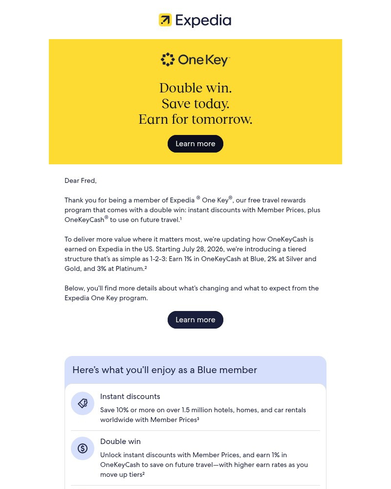 Screenshot of email sent to a Expedia Registered user
