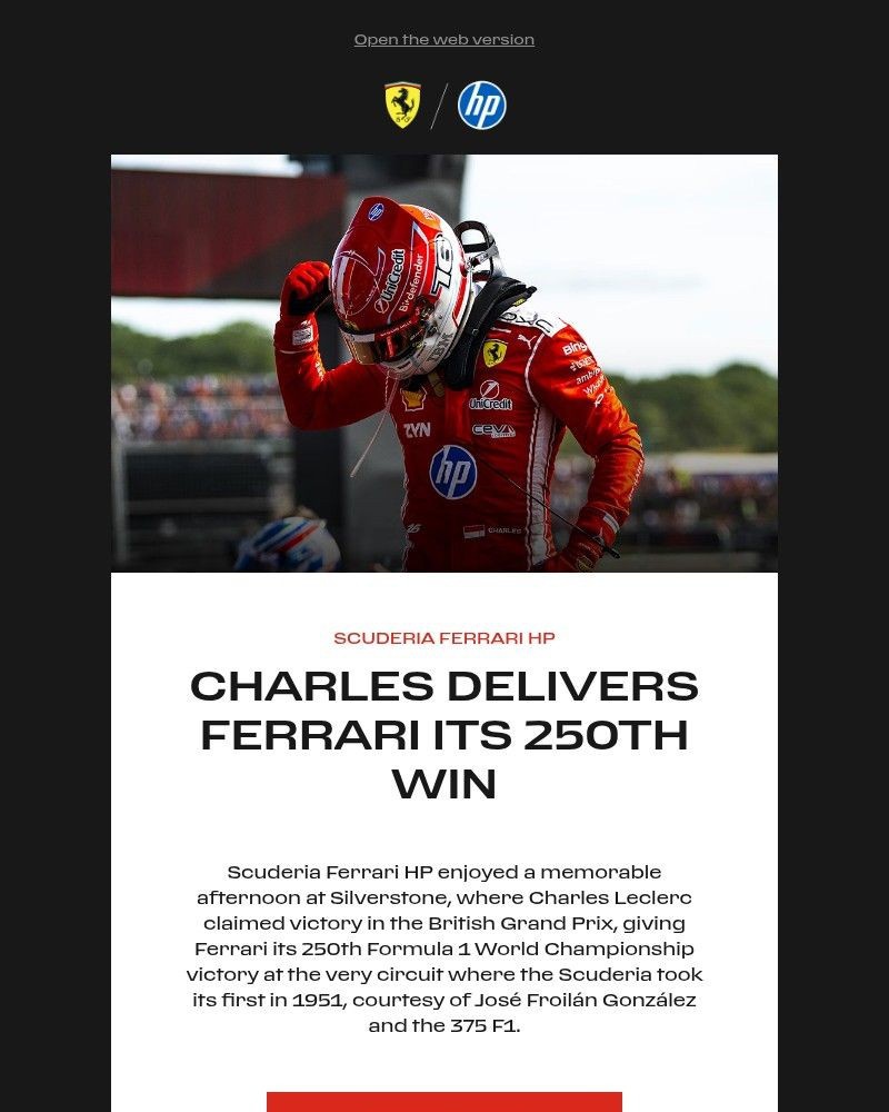 Screenshot of email sent to a Ferrari Newsletter subscriber
