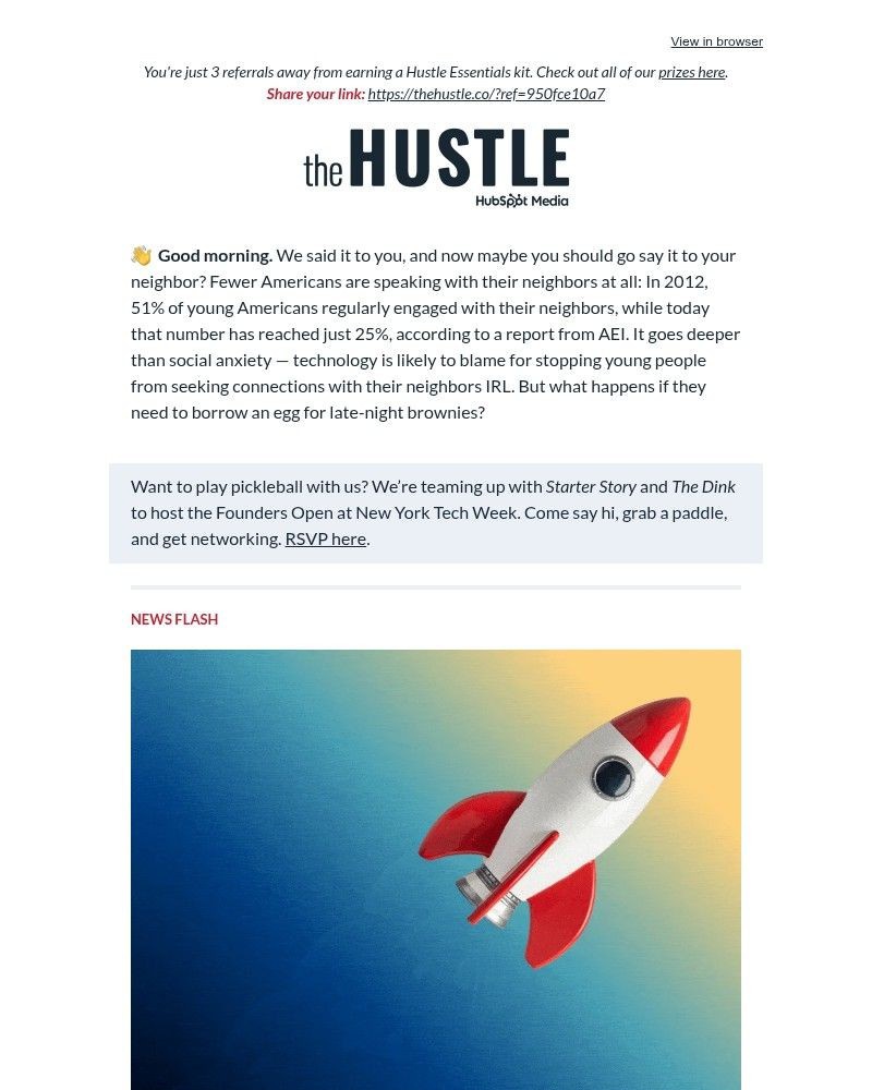 Screenshot of email sent to a The Hustle Newsletter subscriber