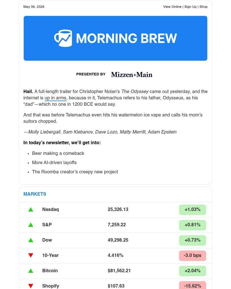 Screenshot of email sent to a Morning Brew Newsletter subscriber