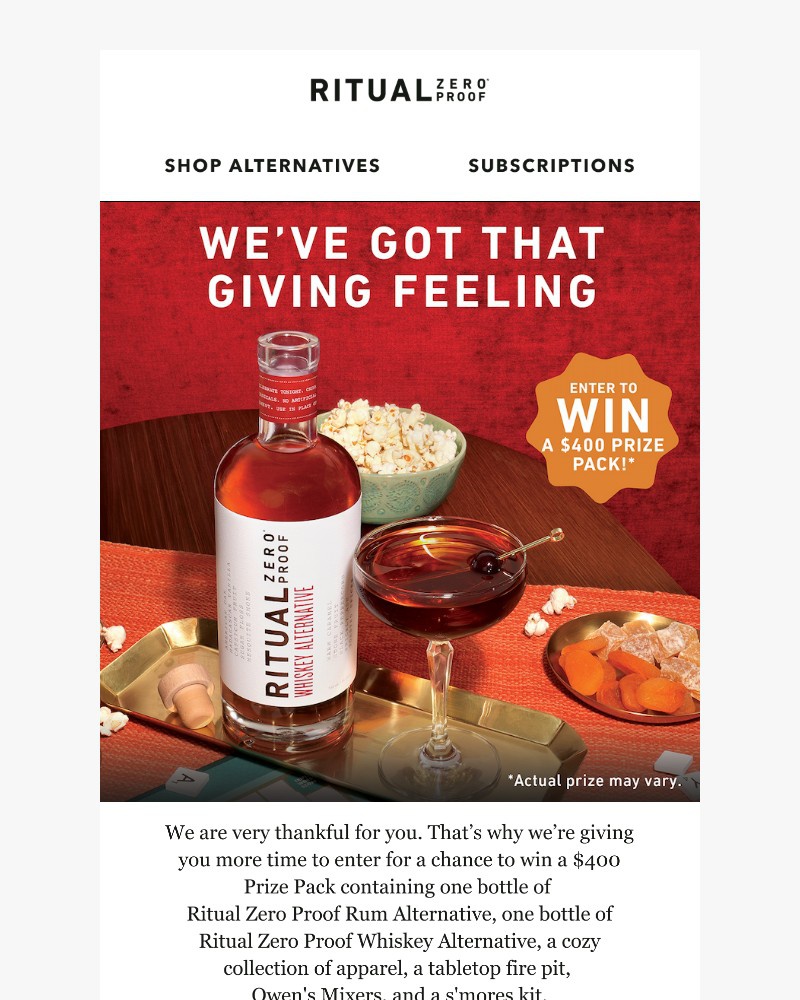 Screenshot of email sent to a Ritual Zero Proof Newsletter subscriber