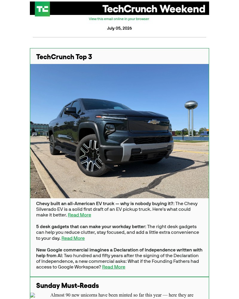 Screenshot of email sent to a Techcrunch Newsletter subscriber