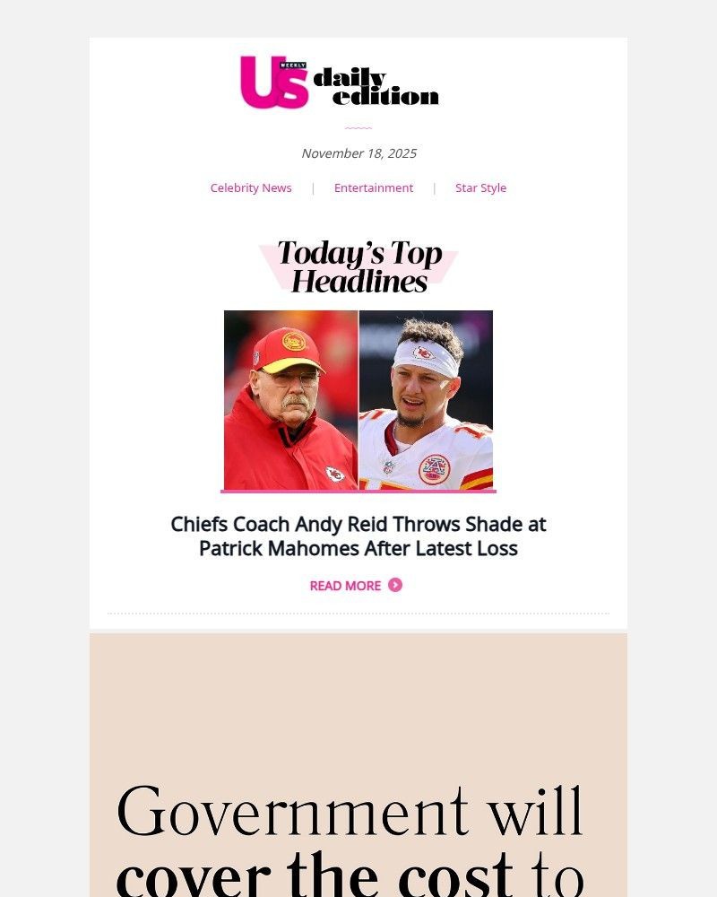 Screenshot of email sent to a Us Weekly Newsletter subscriber