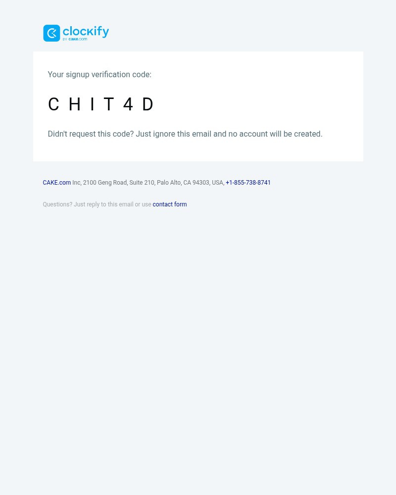 Screenshot of email sent to a Clockify Registered user