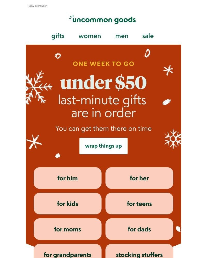 Screenshot of email sent to a UncommonGoods Newsletter subscriber